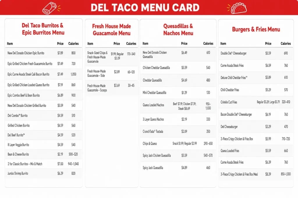 Del Taco Menu Card
