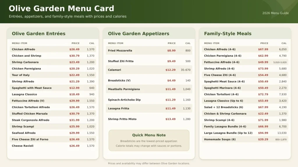 Olive Garden Menu Card