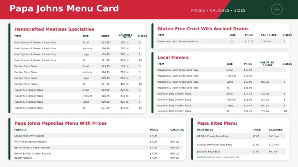 Papa Johns Menu Card