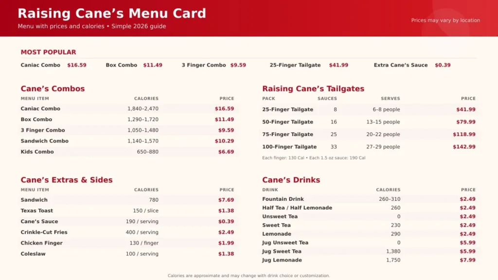 Raising Cane’s Menu Card